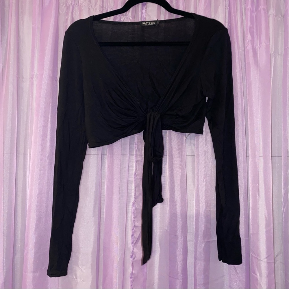 Nasty Gal Black Tie Long Sleeve Crop Top